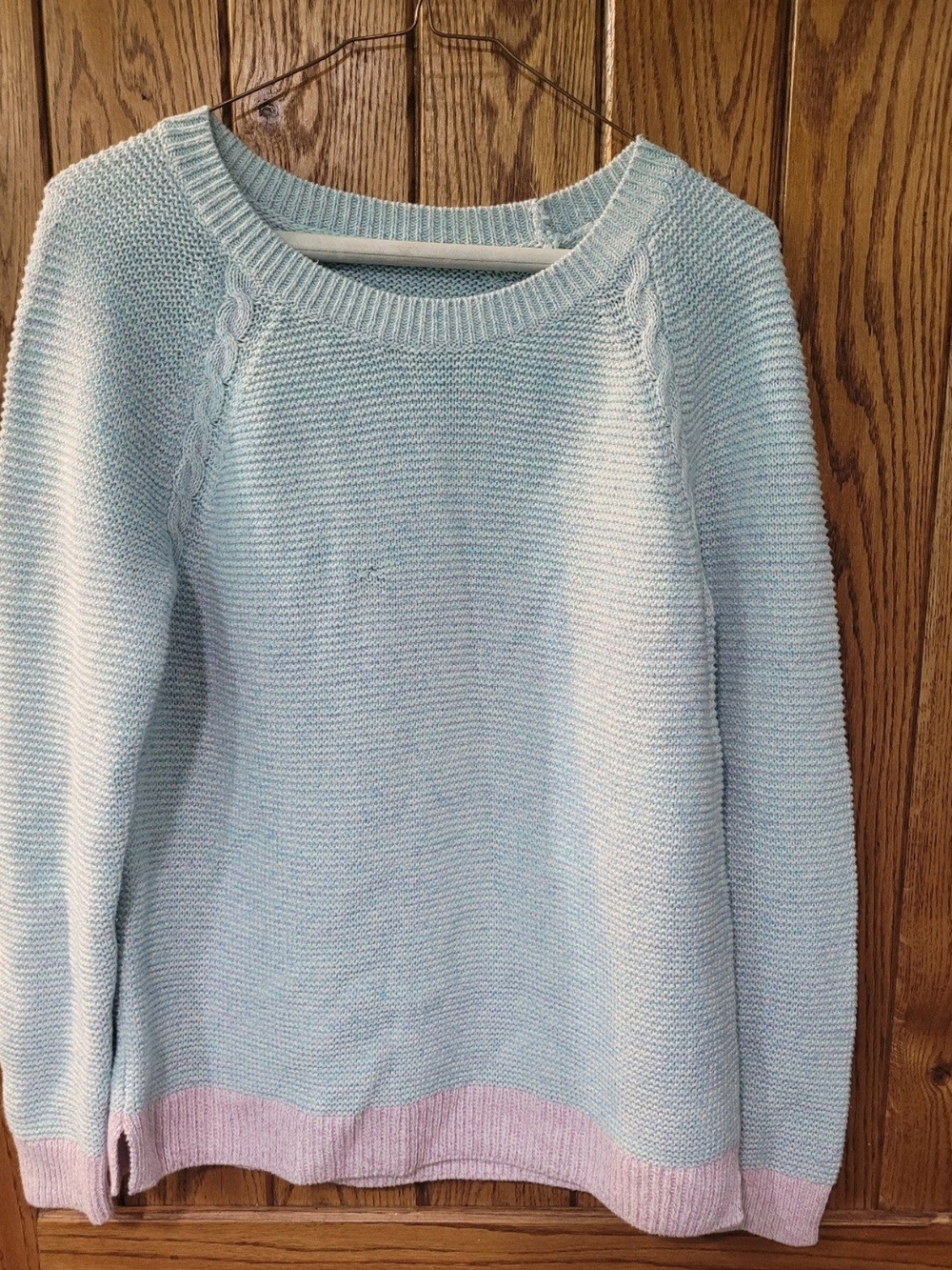 Women’s Light Blue Crewneck Sweater with Pink Hem